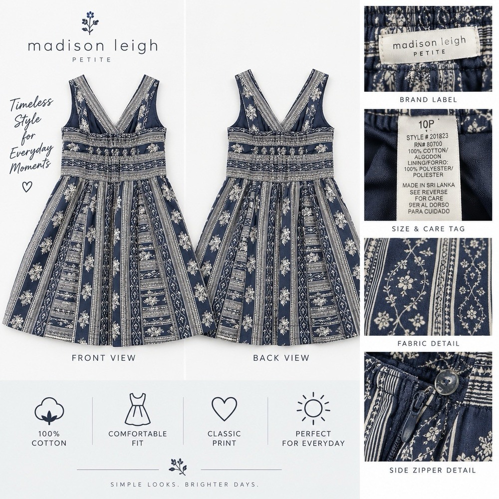 Madison Leigh Petite 10P Navy White Floral Fit Flare Dress Cotton Sleeveless